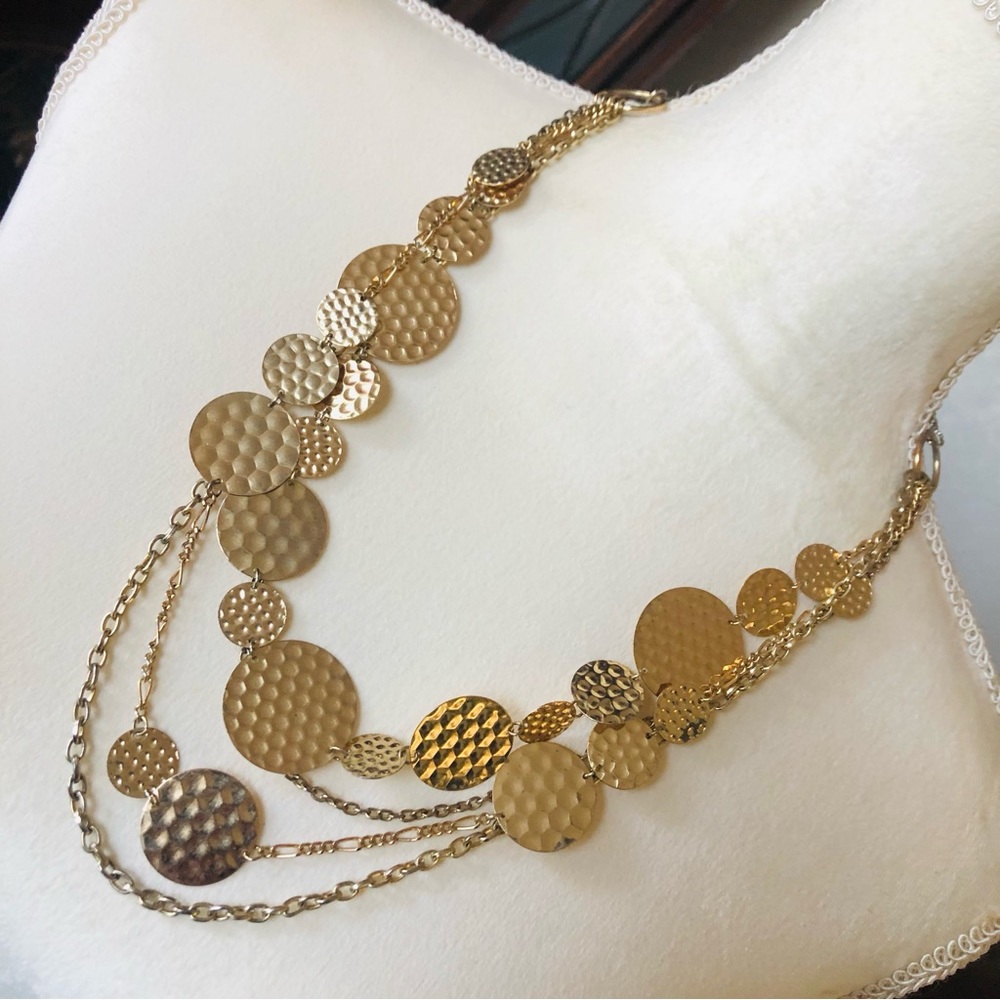 Gold quad strand chain hammered coin necklace